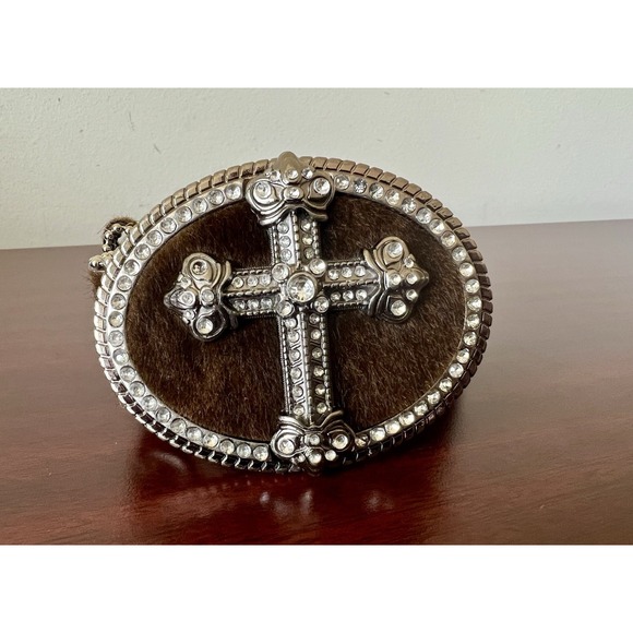 Accessories - Rhinestone Silver Cross & Brown Leather Fur Women's Belt Size XL Cowgirl Western